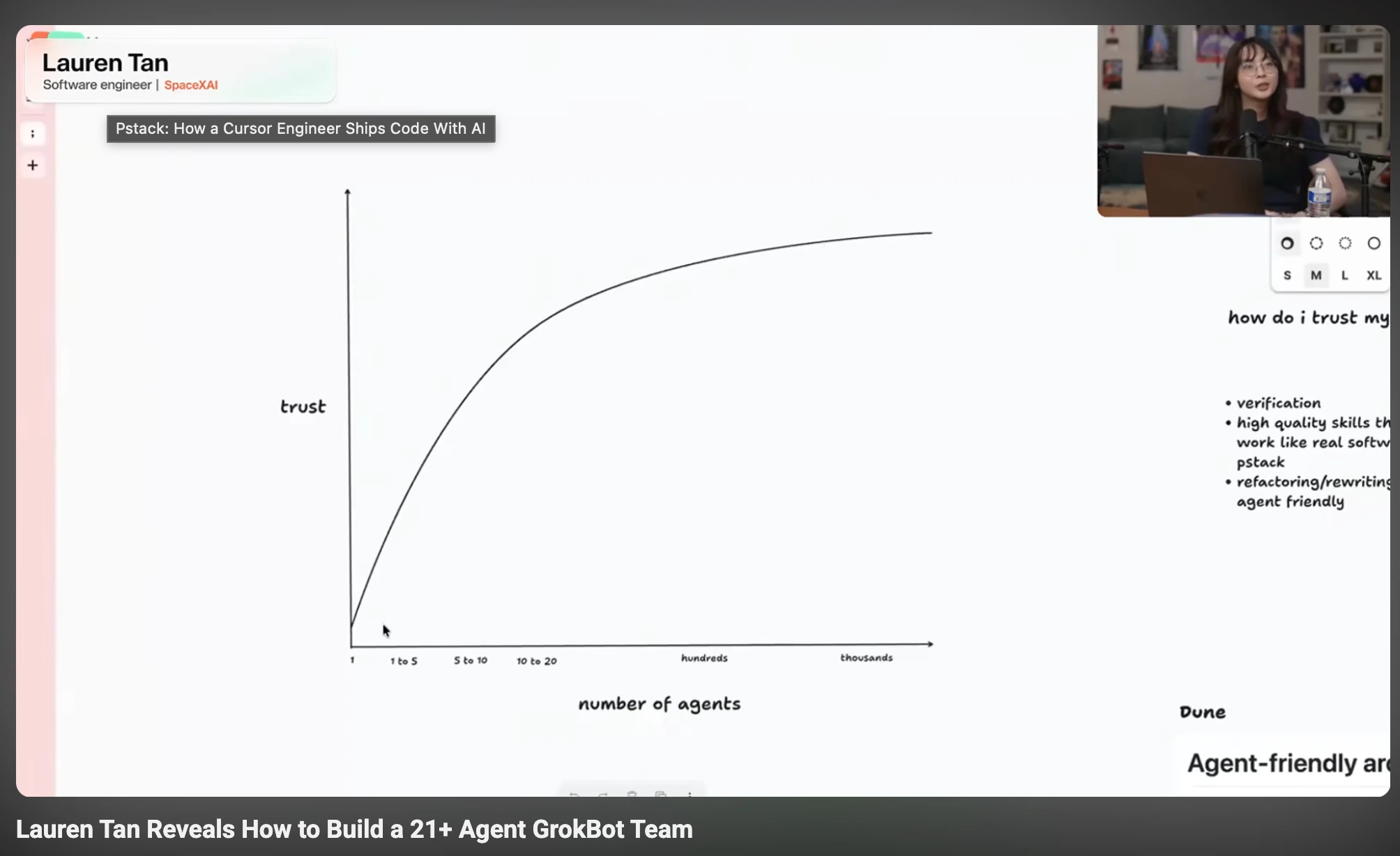 Lauren Tan 分享的信任曲線：縱軸為 trust，橫軸為 number of agents，曲線隨 Agent 數量增加而逐漸趨緩